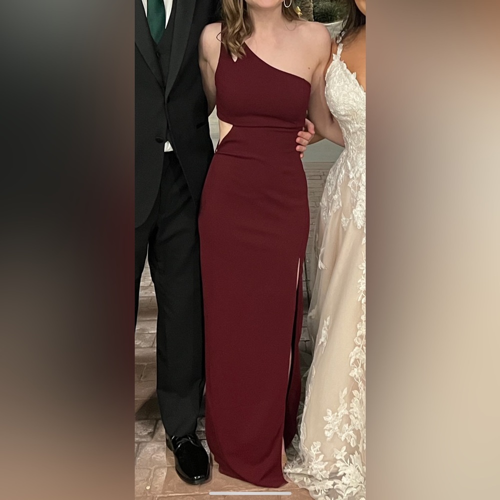 Burgundy one shoulder maxi dress with cutout